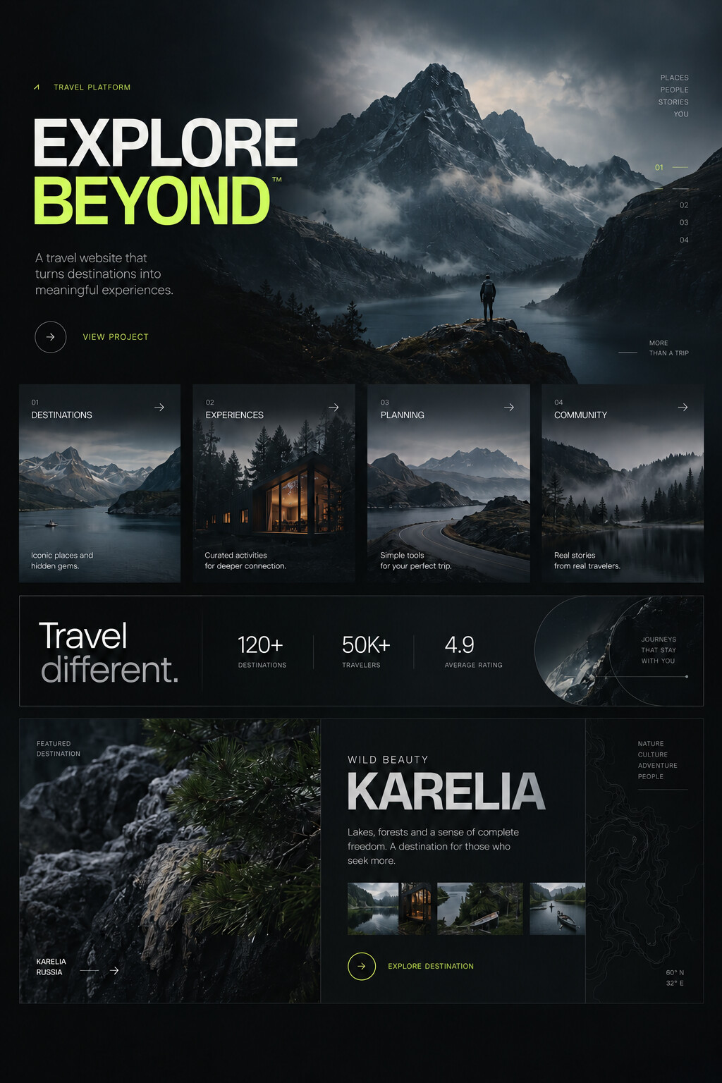 Web Design / UI — тёмный travel-интерфейс